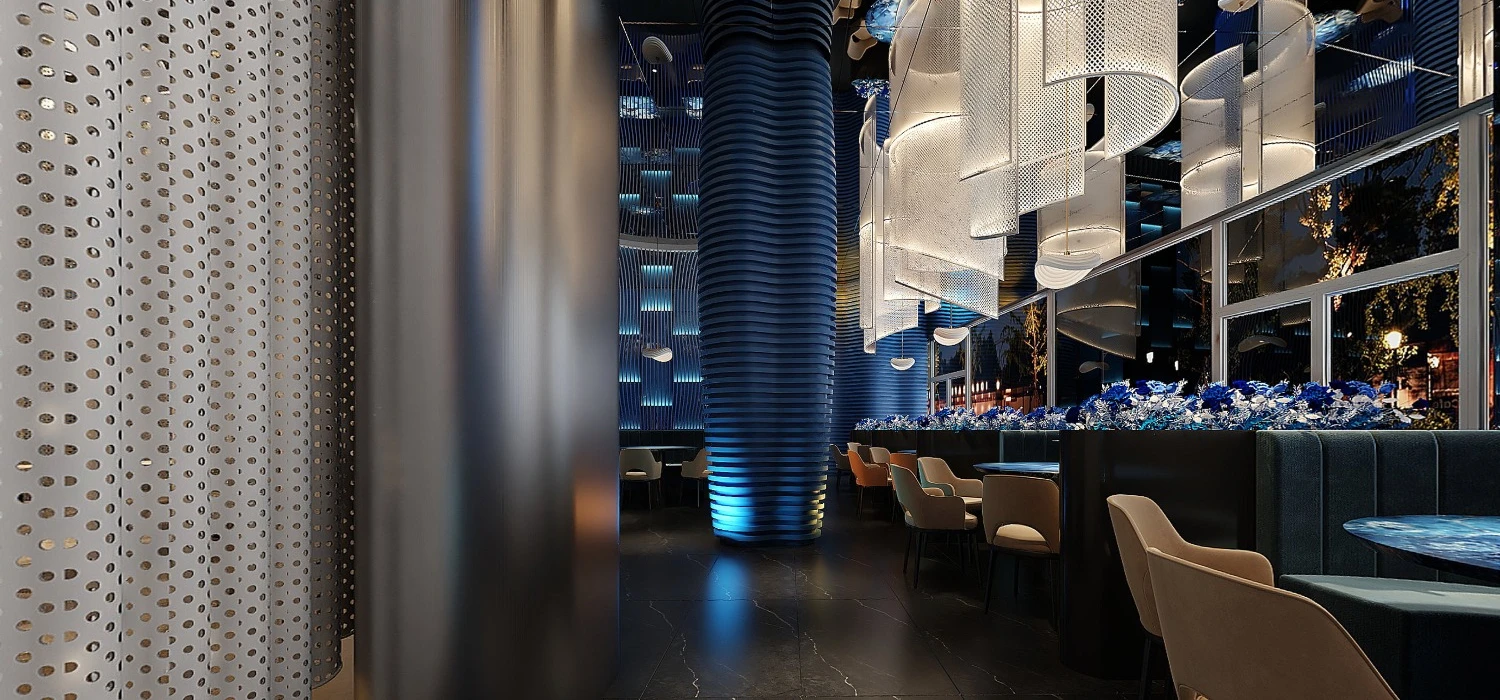 Design rendering showing the sushi restaurant display wall and perforated screen