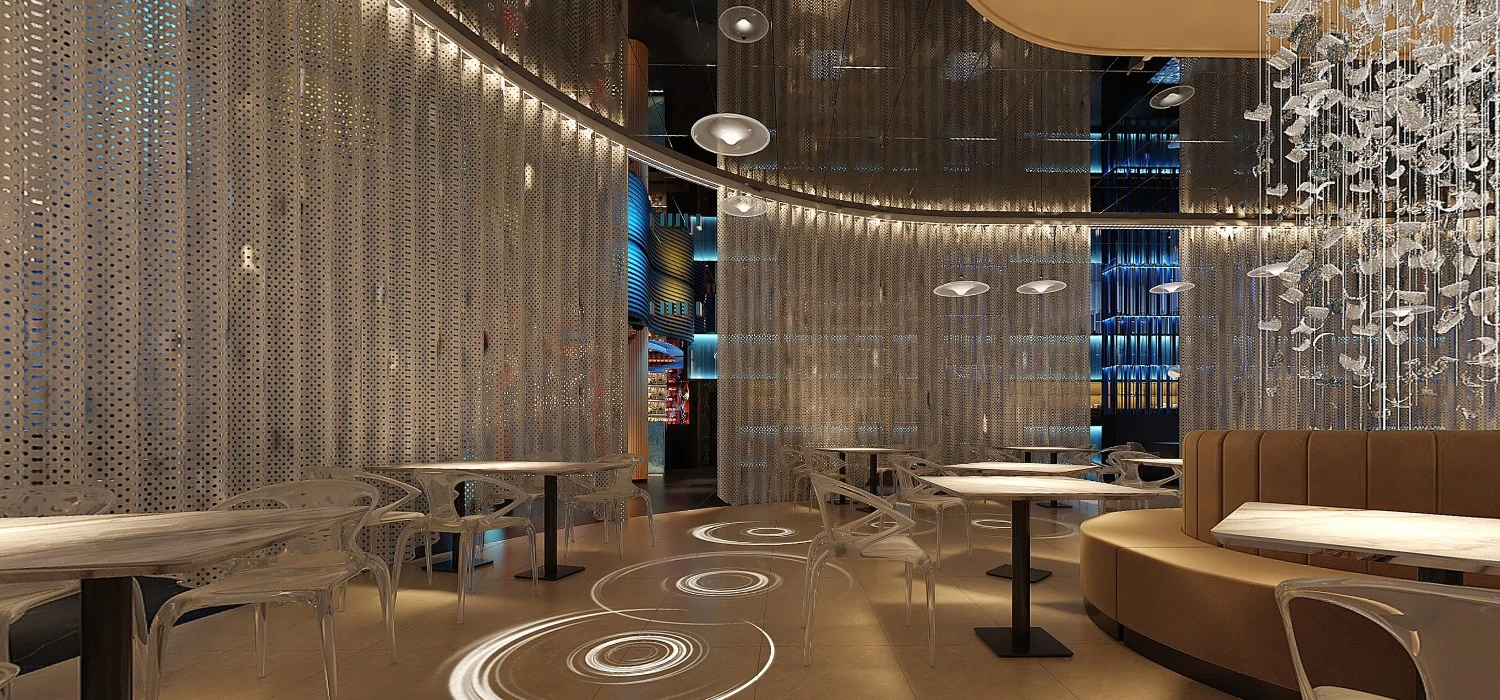Design rendering showing perforated screen partitions and display lighting