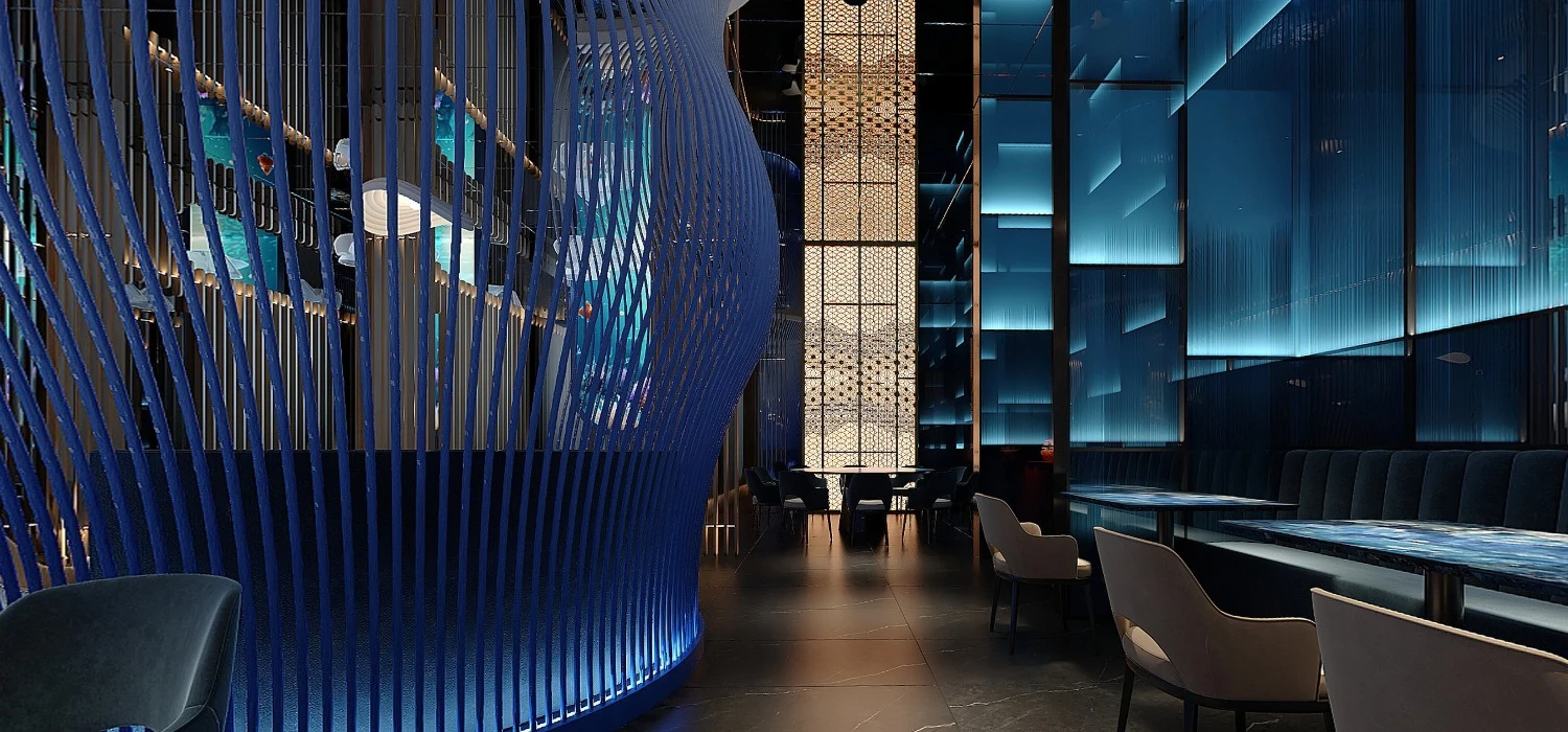 Design rendering showing a tall feature screen and dining area