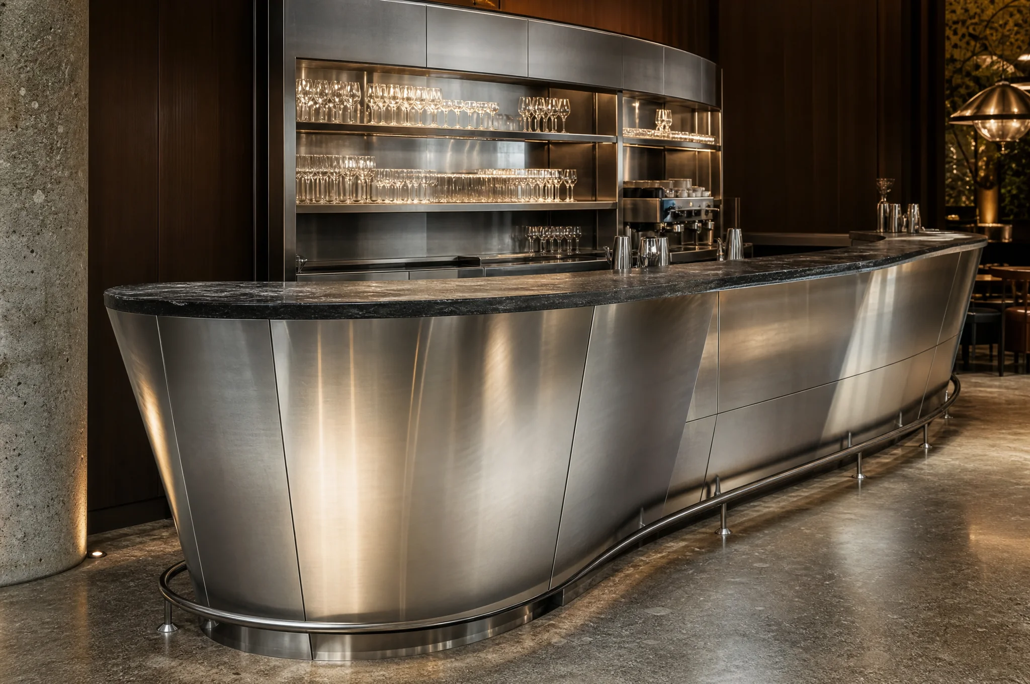 Custom curved stainless steel bar counter