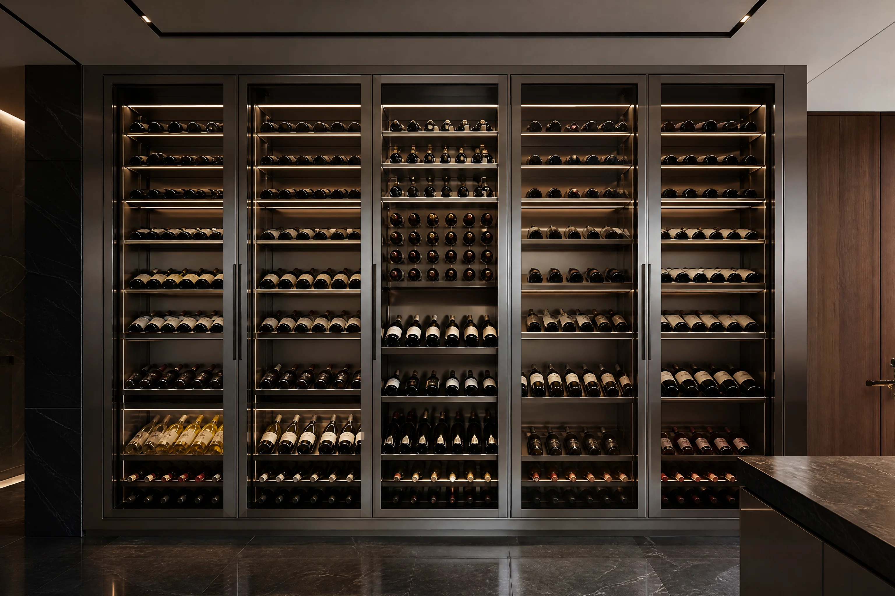 Custom stainless steel and glass wine cabinet