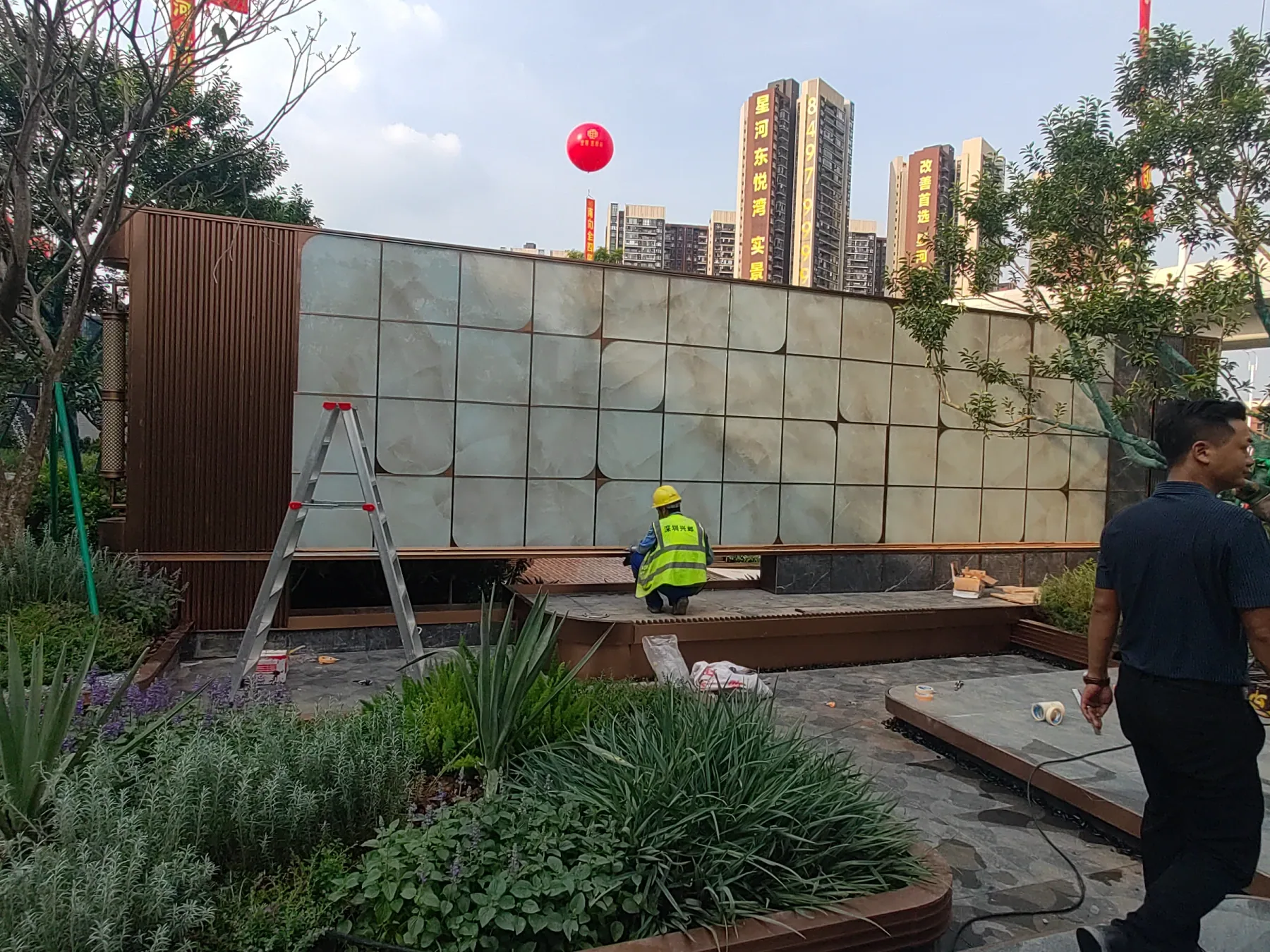 Outdoor metalwork installation in progress